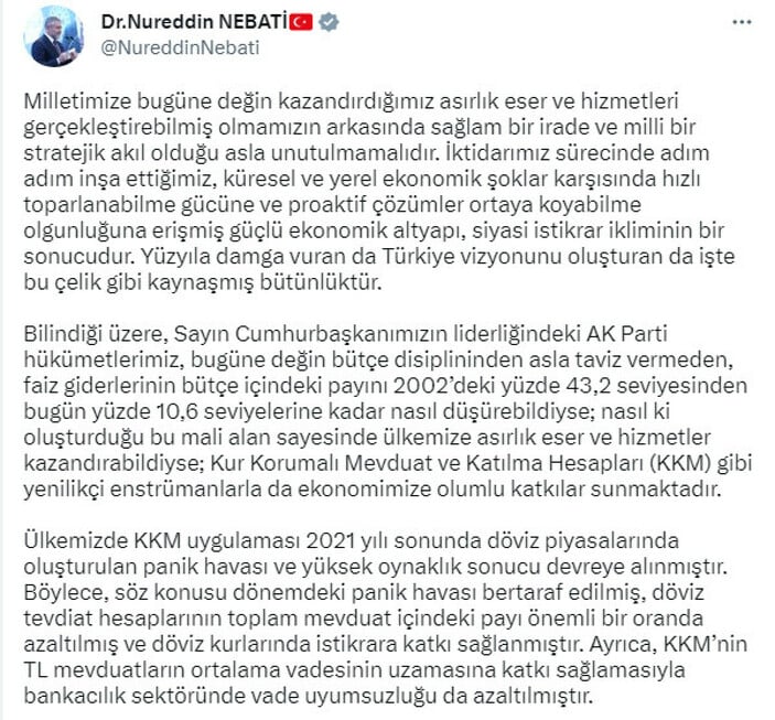 Hazine ve Maliye Bakanı Nureddin Nebati: Kur korumalı mevduat 95,3 milyar lira oldu