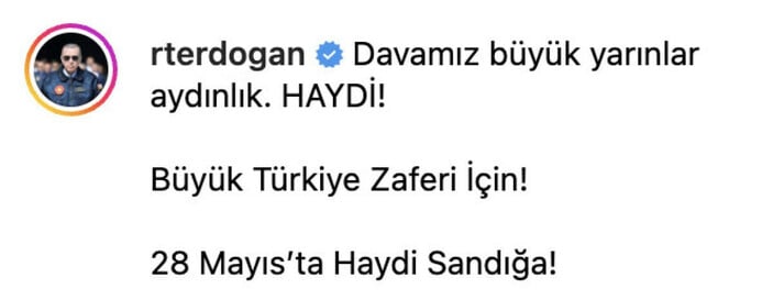 Cumhurbaşkanı Erdoğan'dan ikinci tur paylaşımı: Davamız büyük yarınlar aydınlık