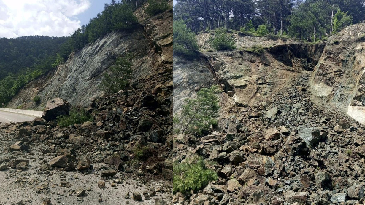 Bolu'da heyelan: Dağdan kopan kaya parçaları yolu kapattı