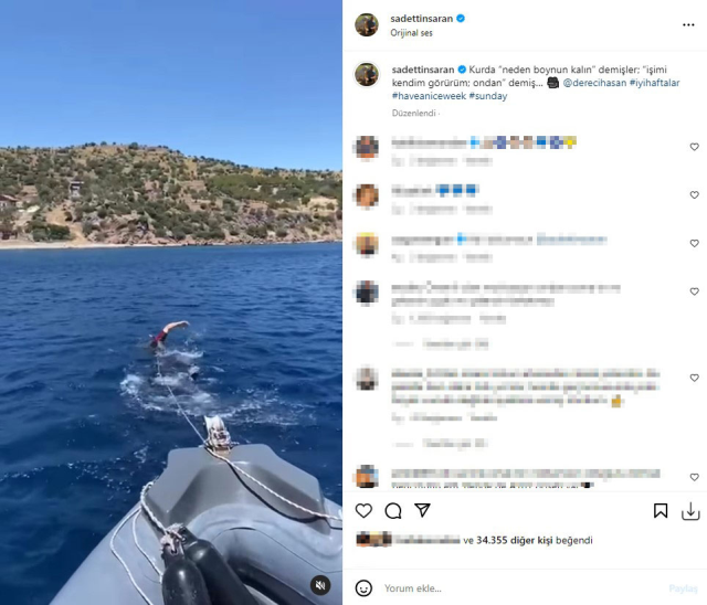 Saadettin Saran, denizin ortasında bozulan botunu yüzerek karaya çekti